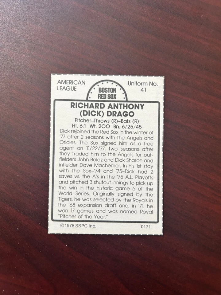 1978 SSPC, Dick Drago auto autograph, signed - Image 2 of 2