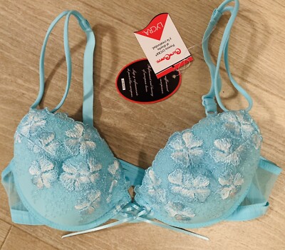Designer Push Up Bra 32B Lace New Padded Plunge Aqua Size Caro Cuore