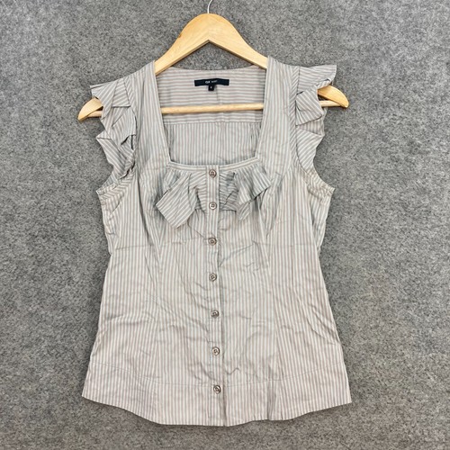 Cue Shirt Top Womens 6 Striped Brown Sleeveless Ruffle Cotton Blend 8327