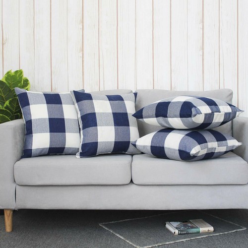 Navy Blue Buffalo Plaid Outdoor Throw Pillow Covers 18x18 Set of 4 Blue and WHT - Picture 7 of 8