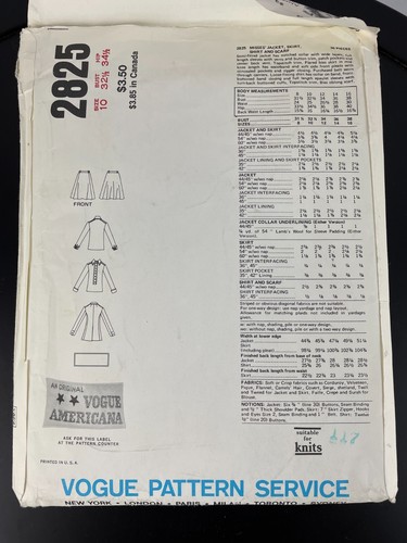 Vogue Americana 2825 ANNE KLEIN Size 10 Jacket Skirt Shirt Sewing Pattern Uncut - Picture 2 of 2