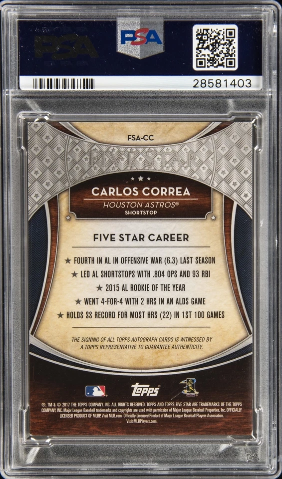 2017 TOPPS FIVE STAR AUTOS PURPLE #CC CARLOS CORREA 4/50 PSA 8 AUTO - Image 2 of 2