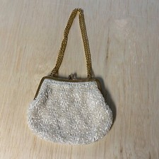 Vintage Beaded Coctail Evening Bag Purse White Gold Metal Frame Kiss Lock Chain