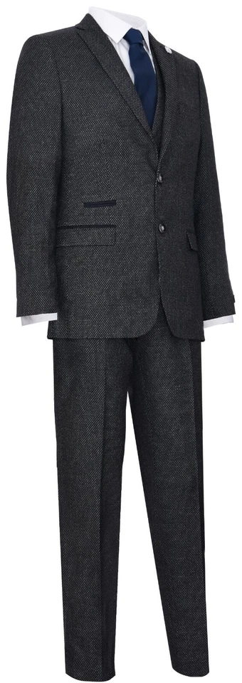 Mens Black 3 Piece Tweed Suit Herringbone Wool Vintage Retro Peaky Blinders - Image 4 of 4