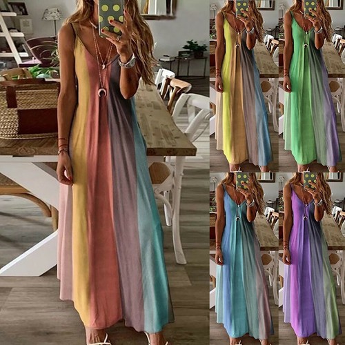 Women Boho Strappy V Neck Maxi Dress Summer Beach Holiday Casual Long Sundress