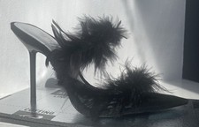 Zara Premium Black Real Feathers And Leather Mules Heels Sandals 4 37 Brand New