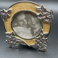Art Nouveau Jeweled Miniature Enamel Photo Frame Round Cream Purple Floral 2 x 2