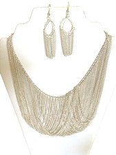 Silver Tone Layered Fringe Chain Statement Necklace Earrings Set 2 PC