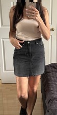 H&M Divided Black Cotton Denim Mini Skirt High Rise Pockets Button UK 8