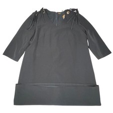 Tahari Grommet Tie Shoulder Shift Dress Women's 16 Black Stretch 3/4 Sleeve