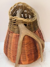 VTG Handwoven DEER ANTLER HANDLE Basket W/ Wo...