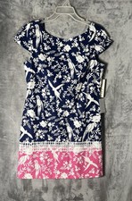 Eliza J Womens Parrot Floral Print Lace Trim Shift Dress Size 14 Blue / Pink