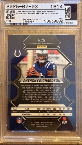 2023 Panini Mosaic Anthony Richardson Indianapolis Colts Pink Camo #282 RC PSA10 - Bild 3 von 3