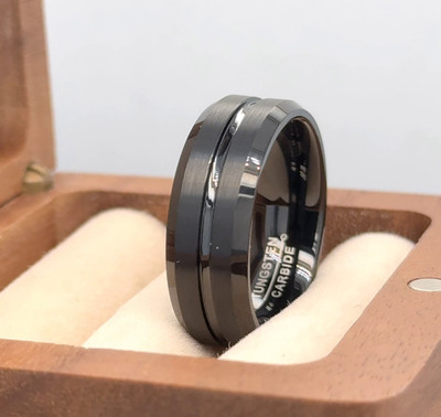 8mm Black Tungsten Unisex Band Personalized Ring  Groove Brushed Polished Band