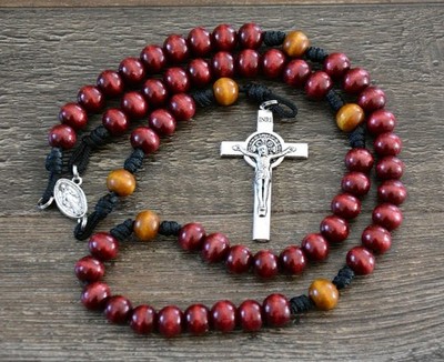 Paracord Catholic Rosary with St Benedict Crucifix, RED color, Handmade