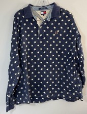 Tommy Hilfiger All Over Stars Blue Long Sleeve Polo Shirt Men's 2XL Vintage
