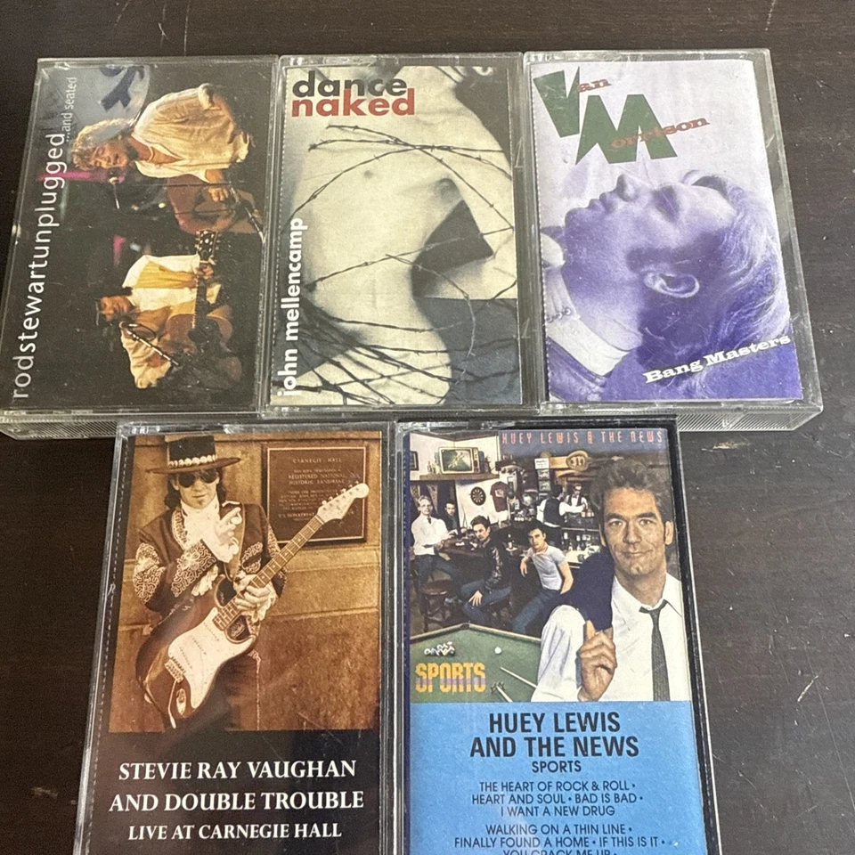 Cassette Tape Lot of 5 Vintage 1980s Tapes Van M, Huey Lewis, & Stevie Ray V Foto 2 de 4