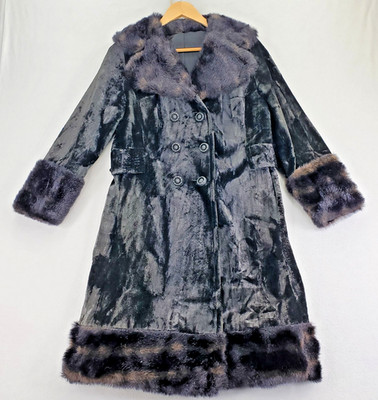VTG Crushed Velvet Coat Womens S Black Faux Fur Trim Lined Evening Made USA