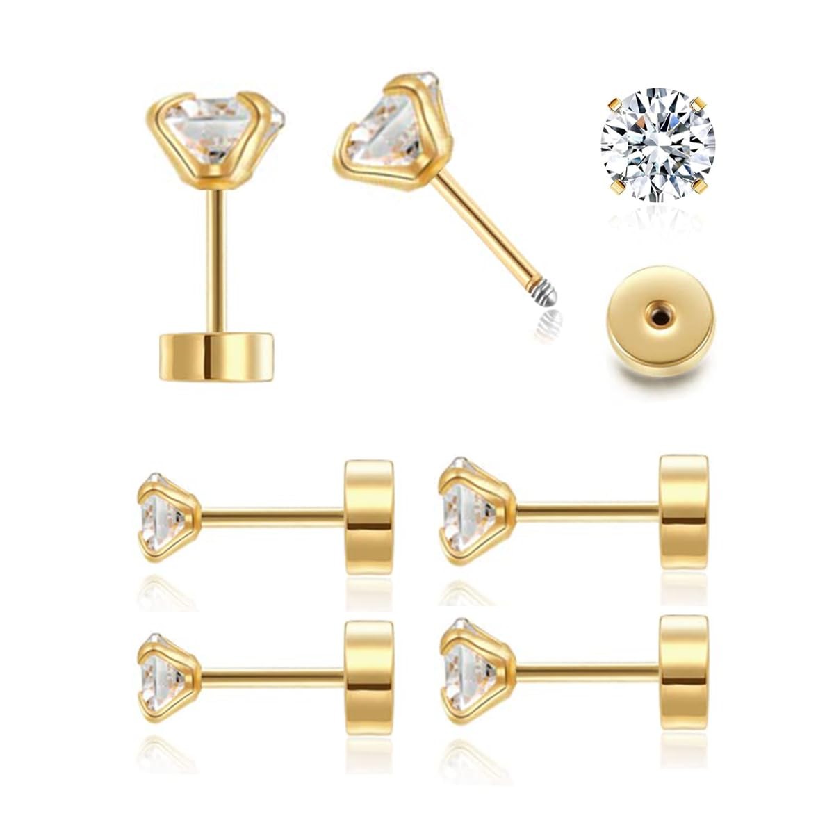 3Pairs 14K Gold Stud Earrings Set for Women 3/4/5mm Flat Back-image