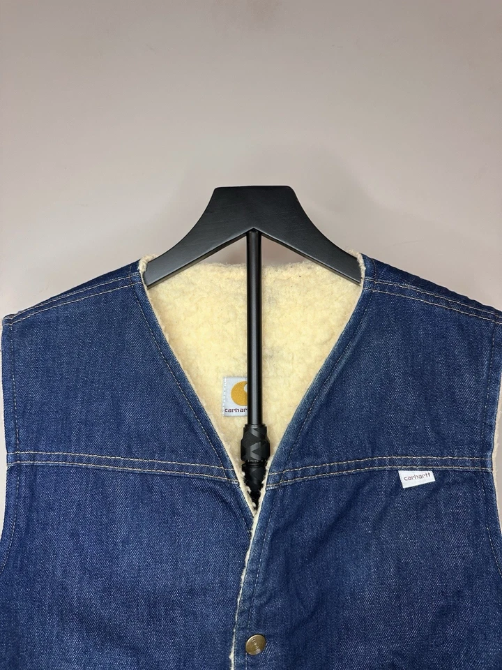 Chaleco de Colección Años 80 Carhartt Acero Azul Denim Estilo Occidental Forrado en Pila GRANDE ALTO Foto 3 de 4