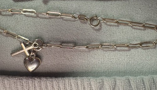 10k Yellow Gold Paperclip Bracelet Heart & Cross Charm Puffy 3D 7 1/2 Adjustable - Picture 9 of 13