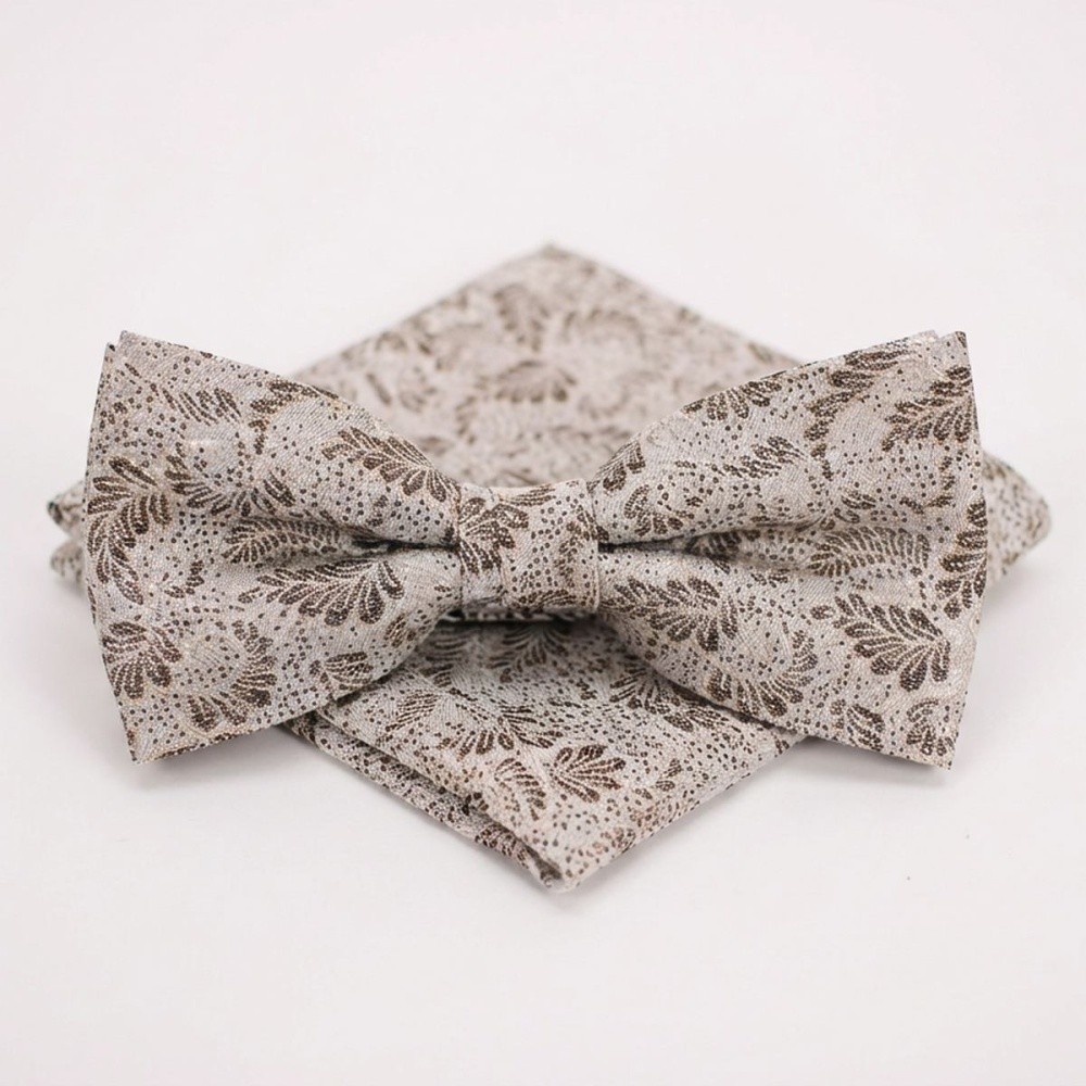 UNA Men's Bow Tie Pocket Square Set Rubino Beige Brown Floral 82253985