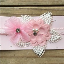 Pink Floral Flower Baby Girl  s Headband White Lace Pearls Rhinestones Princess