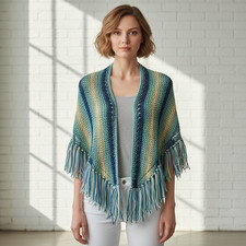 NEW Green Blue Beige Hand Knitted Shawl Wrap Scarf Boho Fringe Indie Artsy Fairy