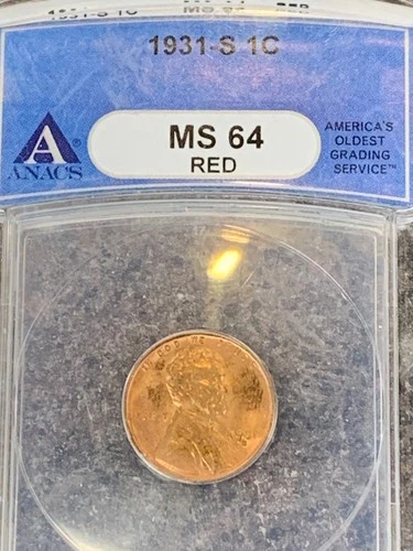 1931 S Lincoln Cent Penny 1c ANACS MS64 RED Key Date