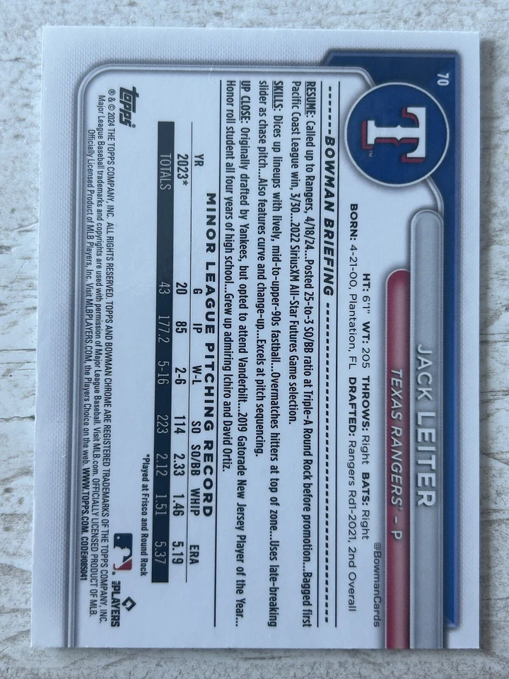 2024 Bowman Chrome Jack Leiter Wave Refractor /100 RC Rookie Card Texas Rangers - Image 2 of 2