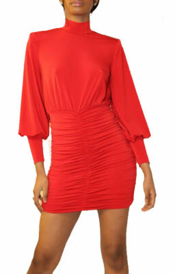 john zack red dress John zack Lace Long Sleeve Rouch Dress campaign-outlet Red