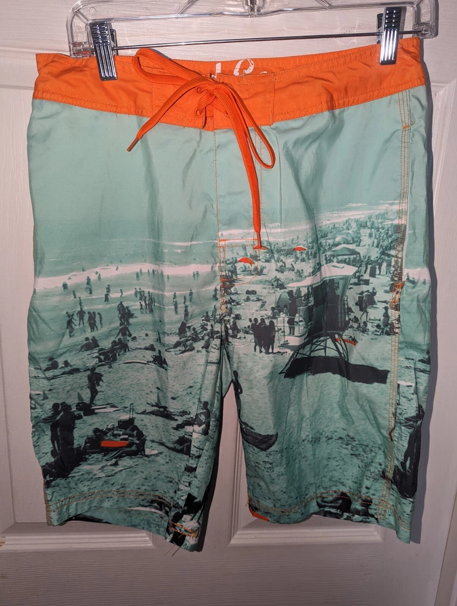 Red Camel Boys Green / Orange Beach Scene Print Swim Trunks Size 30