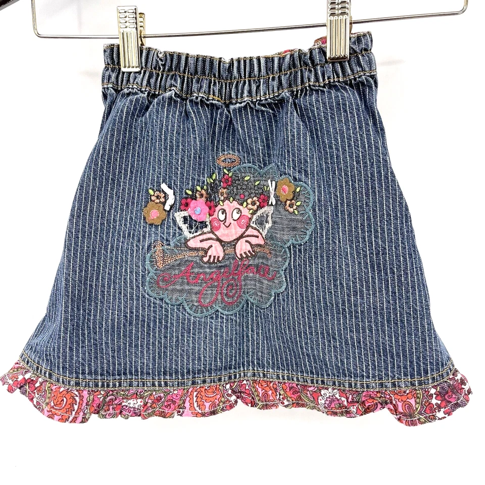 Falda Jean Oilily Denim Niñas Pequeña Cara de Ángel Volantes Bordados Flores y2k Bo Foto 2 de 4