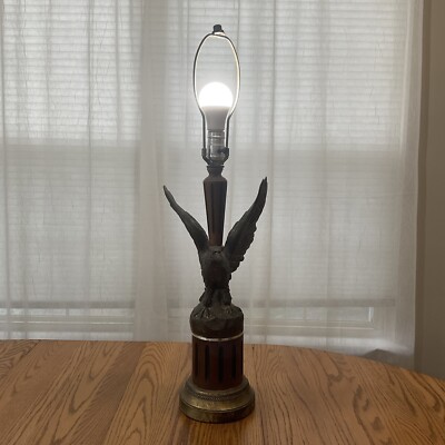 VTG Bronze Eagle & Handcrafted Wood Base Table Lamp 29  Tall MCM
