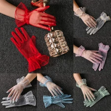 Women Short Tulle Gloves Wedding Lotus Leaf Sheer Lace Full Finger Mitten Gloves