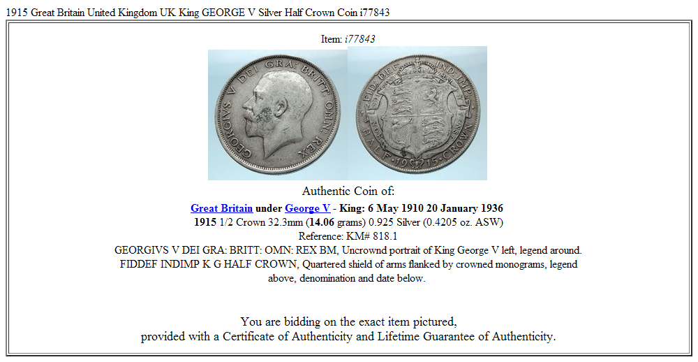 1915 Great Britain United Kingdom UK King GEORGE V Silver Half