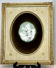 Antique High Relief Green Jasperware Children Feeding Birds On Velvet 16x19