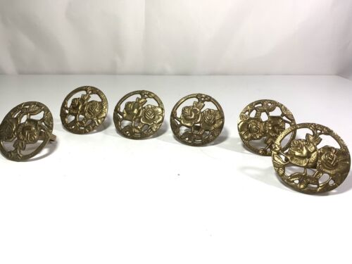 Set of 6 Vintage Brass Napkin Holder Rings Circle Of Roses Design Beautiful HTF - Picture 1 of 10