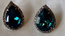 Vintage Tear Drop Earrings with Large Emerald Crystal  Clear Rhinestones Nice 