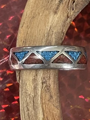 Navajo Chip Inlay Bänderring Türkis/ Koralle, Sterling Silber, Indianerschmuck 