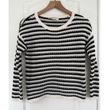 Loft Women's Pullover Sweater Black White Stripe 100 Cotton Open Knit Size XS
