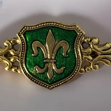 Fleur De LIS Brooch Gold Tone Green Enamel  Trinity Purity Virtue French Seal