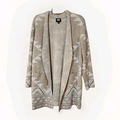 FRYE Beige White Knit Open Cardigan Sweater Geometric Pattern Long Sleeve L R1