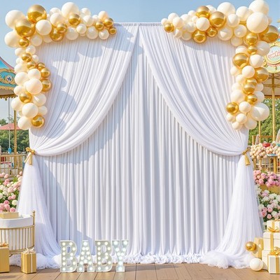 5x10ft White Tulle Backdrop Curtains - Two Layer Drapes with Tulle & Lining F...