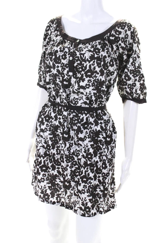 Velvet Womens Floral Tied Waist Half Sleeved Short Dress Brown White Size S - Image 2 of 4