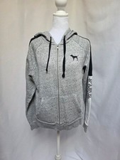 Victoria's Secret PINK Gray Zip Up Hoodie Dog Logo Black Sleeve Detail Size-M