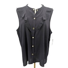 Nine West Black Ruffle Sleeveless Blouse Gold Snap Lightweight XL NWT