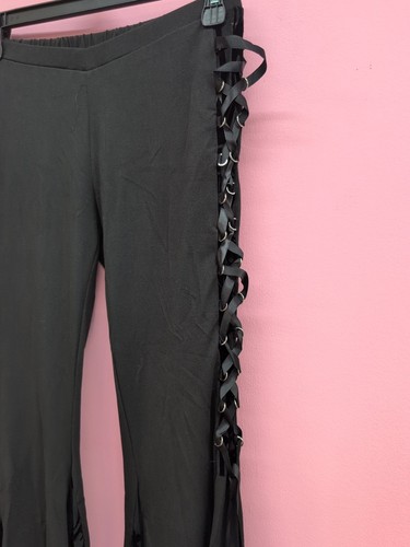 Romwe Goth Contrast Lace Elastic Waist Unlined Flare Leg Pants Size S Black - Picture 2 of 8