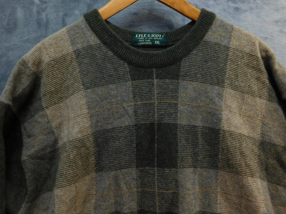 Lyle & Scott свитер мужской 2XL зеленый серый клетку ягненка шерсти Crewneck Новая Зеландия - Изображение 2 из 4
