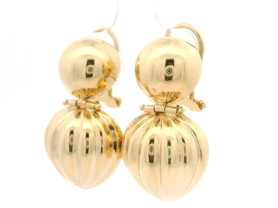 14k Yellow Gold Puffed Scalloped Dangle Drop Earrings w/ Omega Back - Image 3 of 4